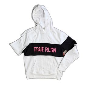 True Religion Hoodie Large White Black Colorblock True Rlgn Glitter Spellout Y2K